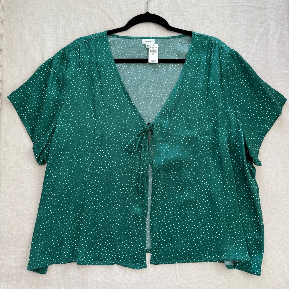 AERIE GREEN POLKA DOT SATIN BLOUSE